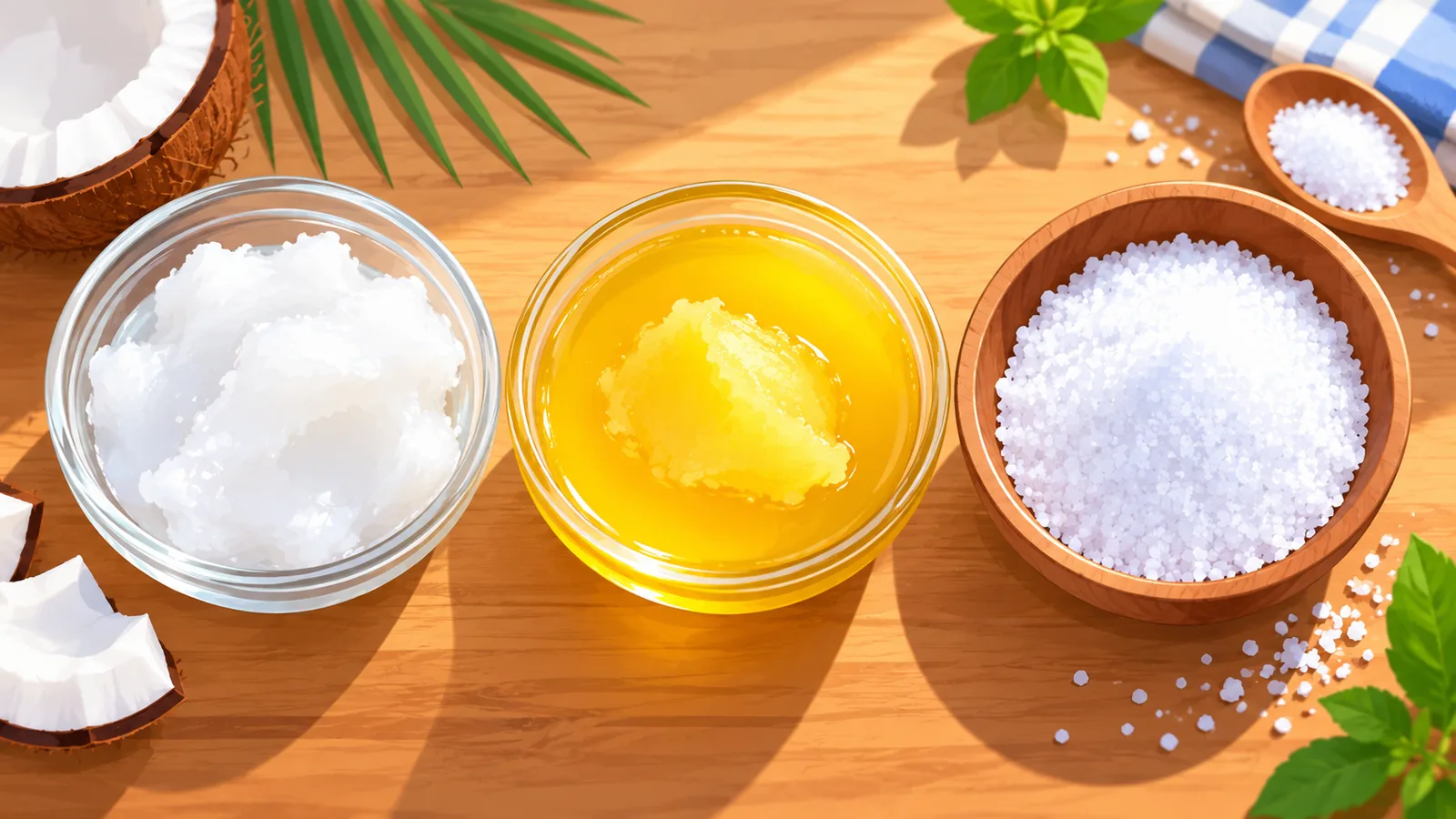 Trois bols d’huile de coco, de ghee et de sel fin alignés sur une table en bois
