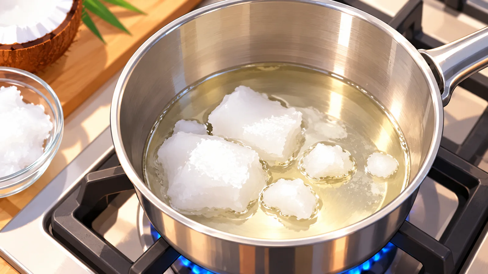 Huile de coco en train de fondre dans une casserole en inox