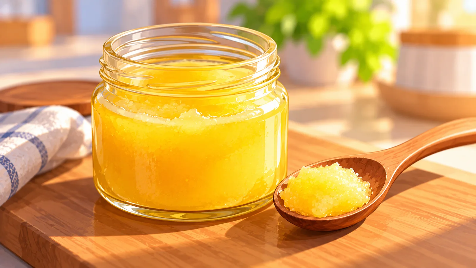 Petit pot en verre de ghee doré avec une cuillère