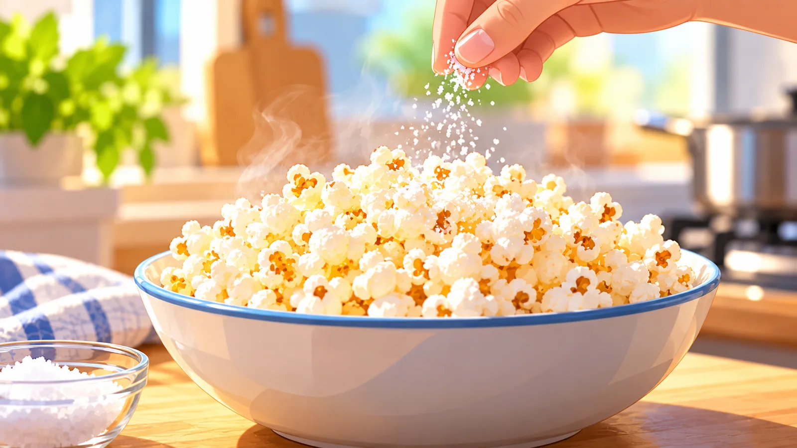 Sel fin saupoudré sur un grand saladier de popcorn chaud