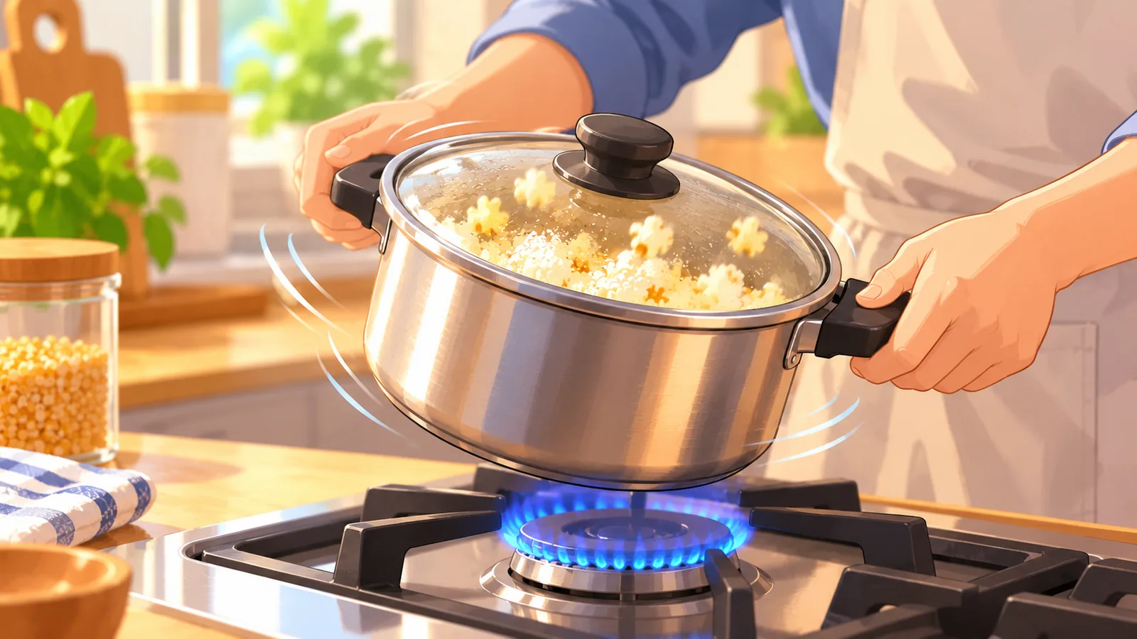 Casserole couverte sur feu moyen secouée à la main