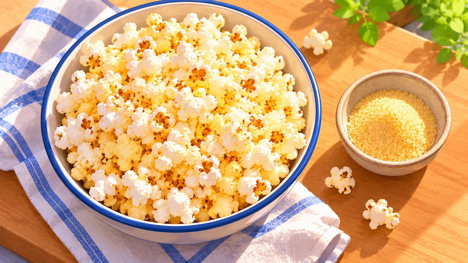 Bol de popcorn légèrement doré à côté d’une coupelle d’épice jaune