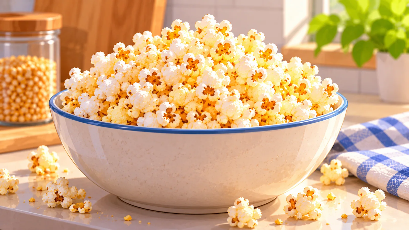 Grand saladier de popcorn croustillant sur un plan de travail