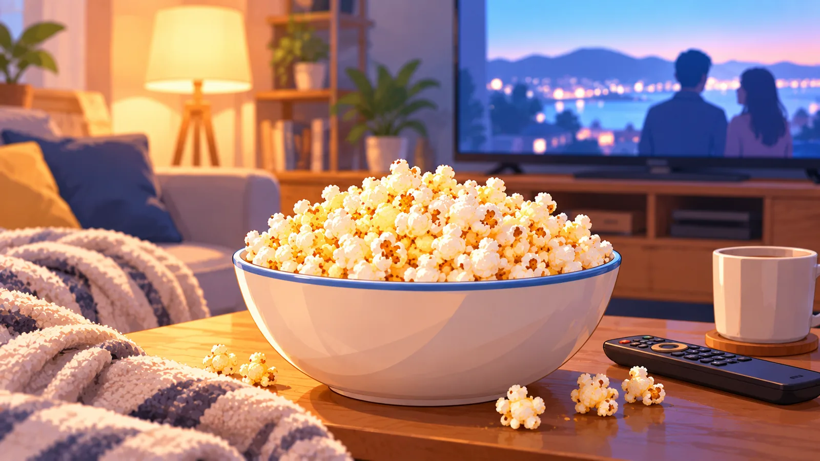 Salon avec un bol de popcorn sur la table basse devant la télévision