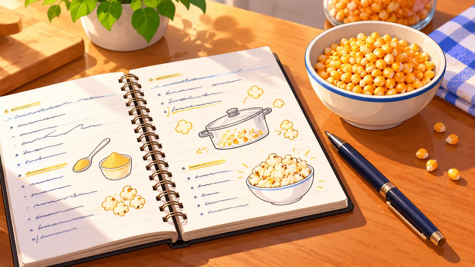 Carnet de recettes ouvert à côté d’un bol de grains de maïs à popcorn