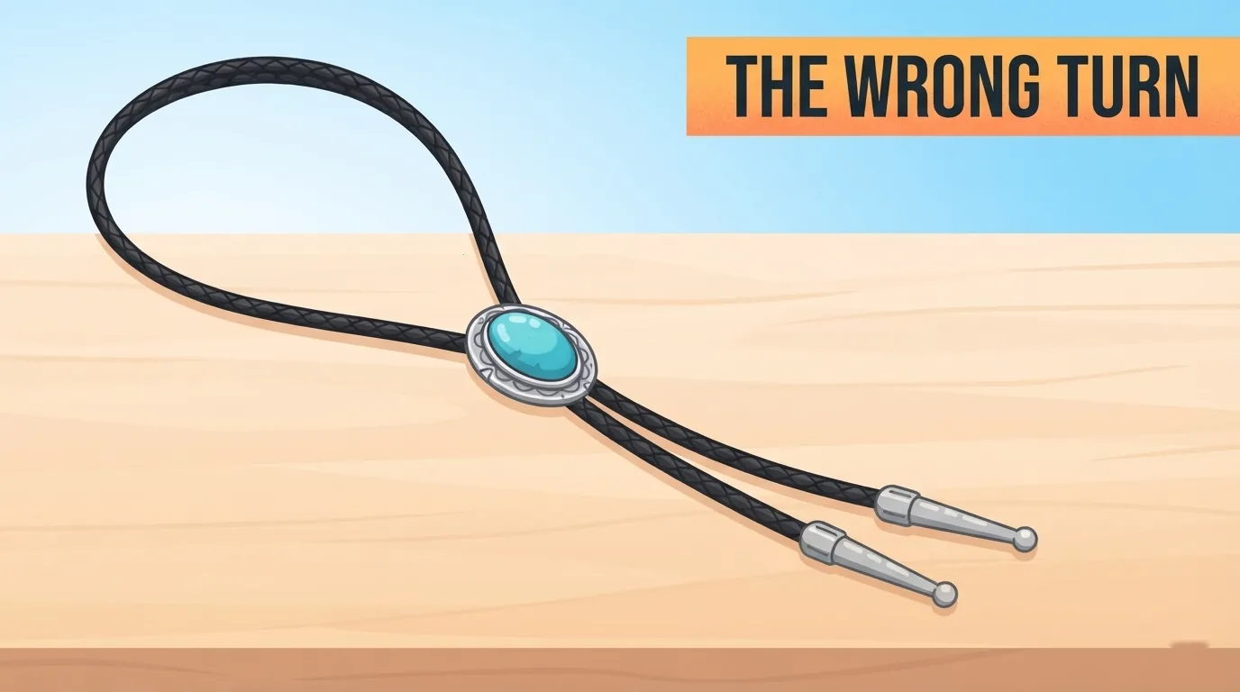 Gros plan sur un bolo tie avec son cordon tressé, son coulant décoratif et ses embouts métalliques