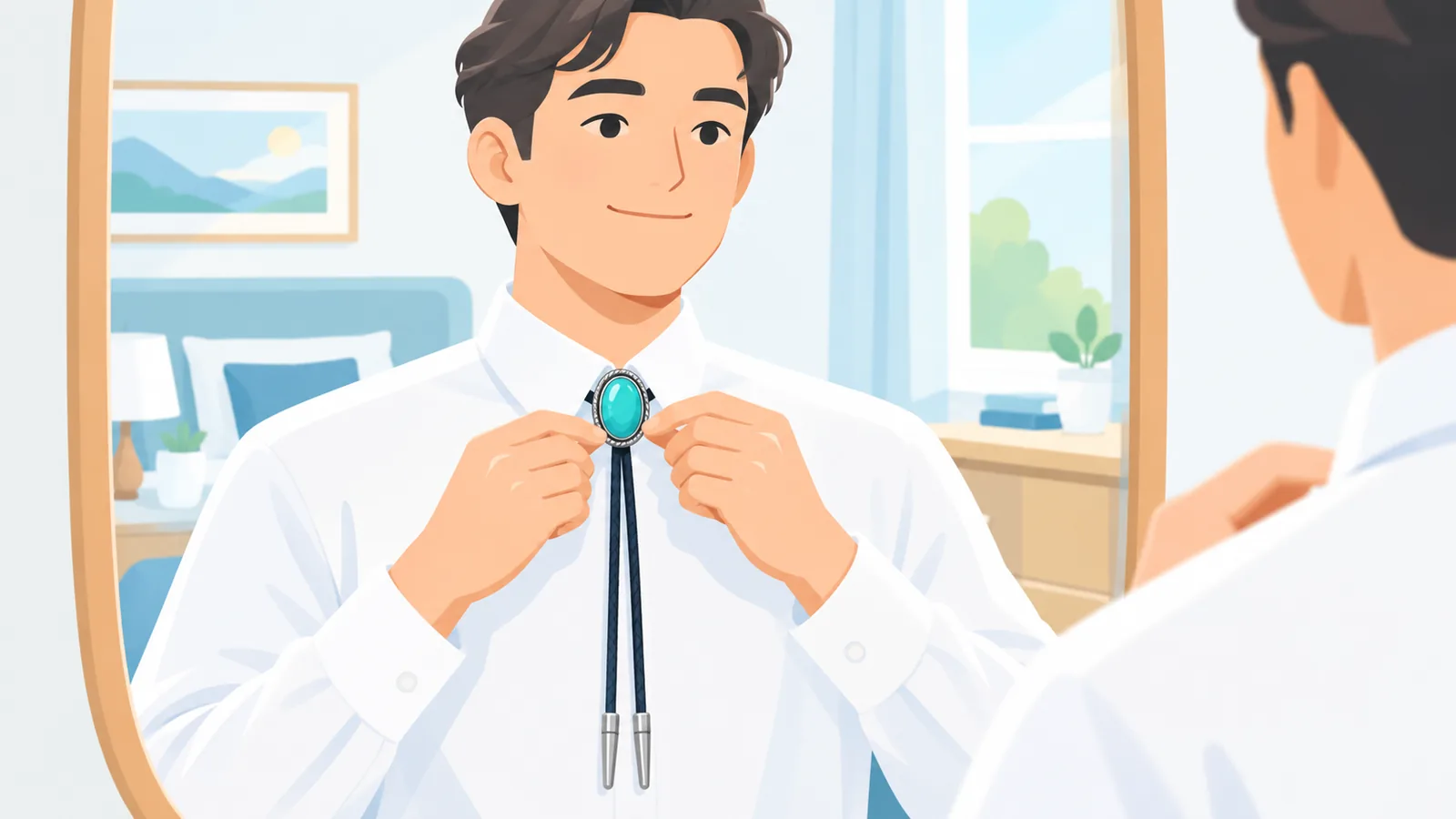 Mains qui centrent le coulant d’un bolo tie sur un col de chemise blanche