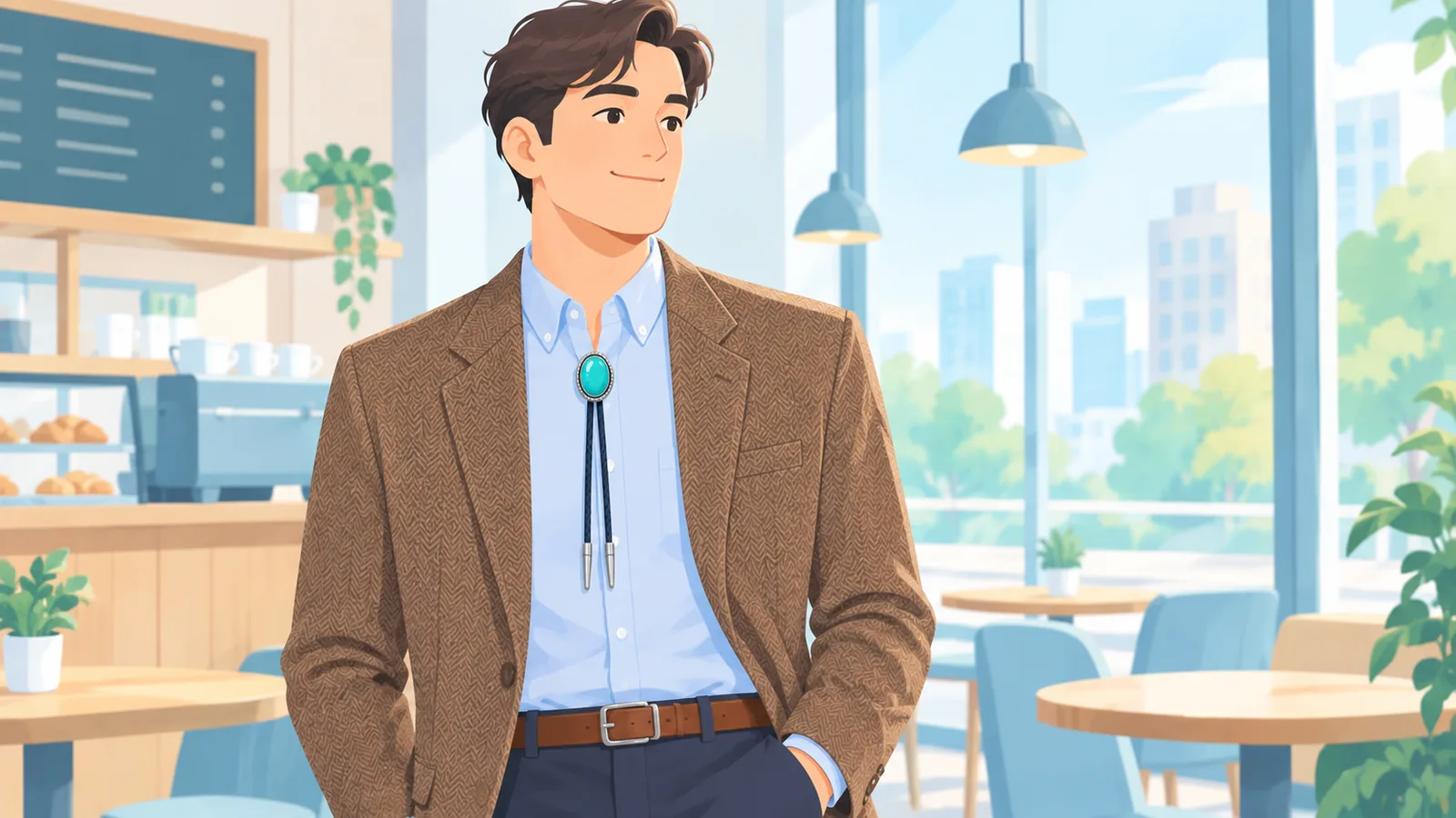 Look smart casual avec chemise oxford, chino, veste en tweed et bolo tie