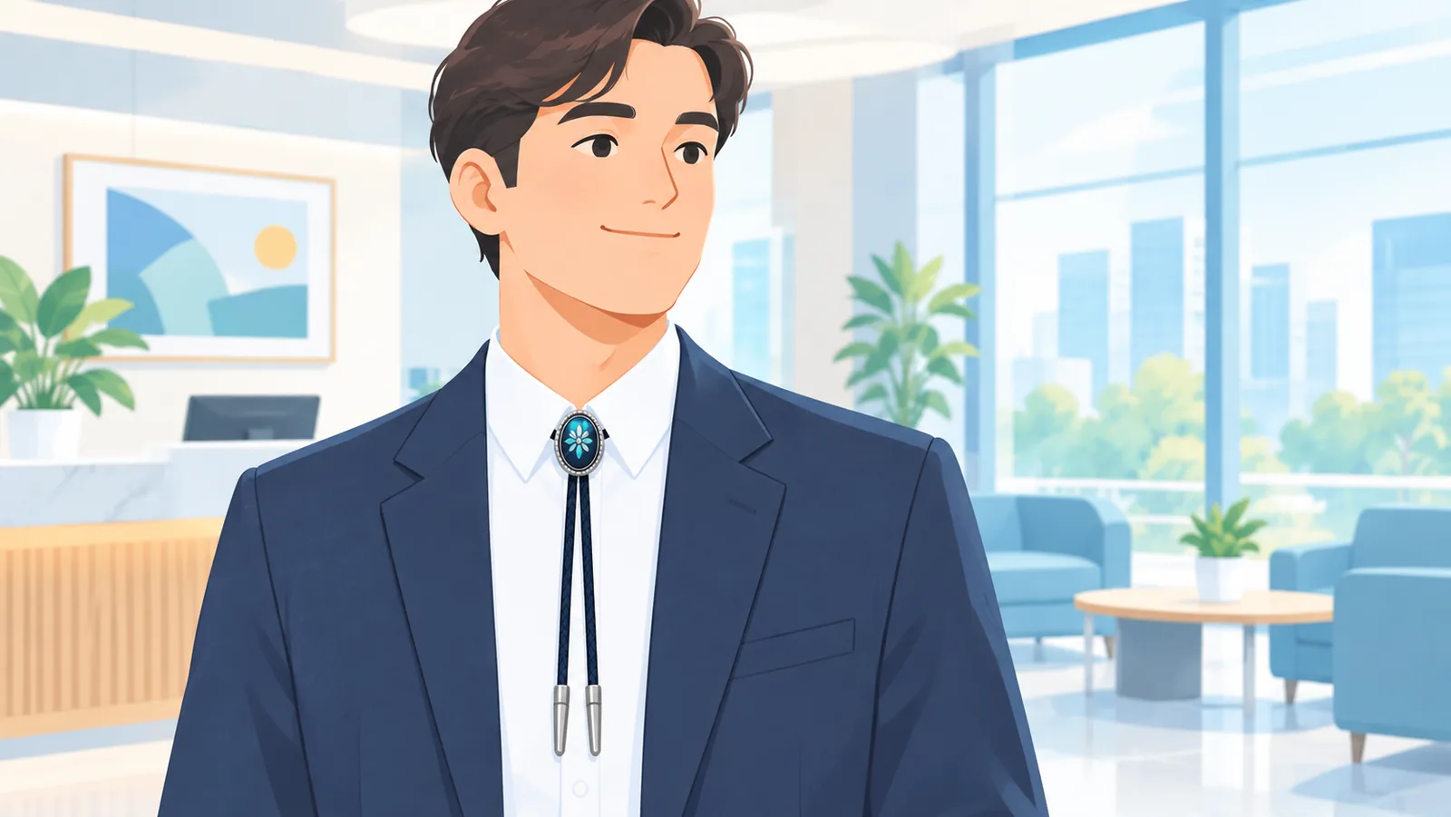 Bolo tie à petit motif porté près du col avec un costume