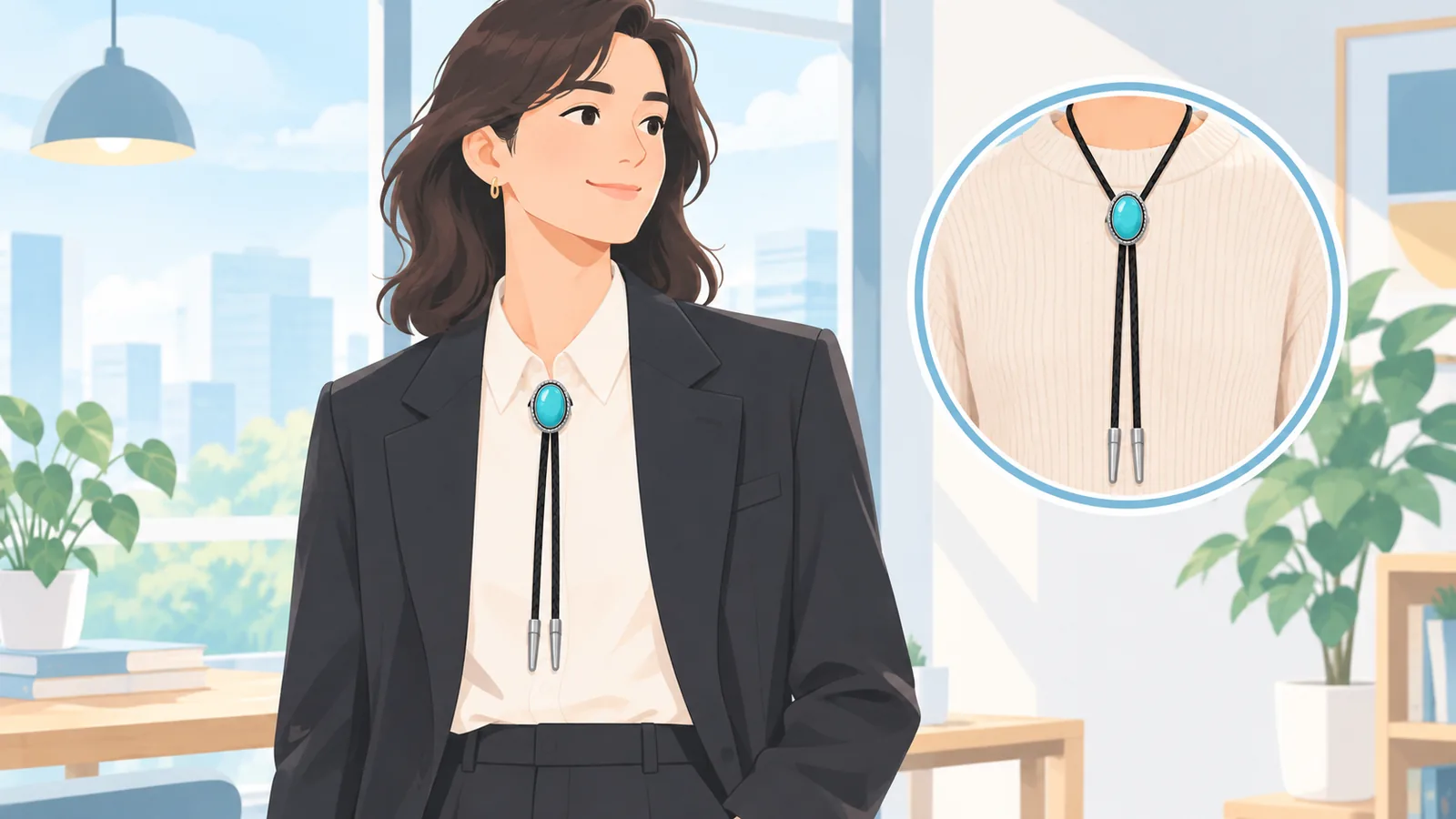 Femme portant un bolo tie avec chemisier et blazer ou en pendentif sur une maille