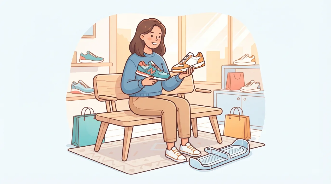 Femme comparant deux paires de sneakers dans une boutique lumineuse
