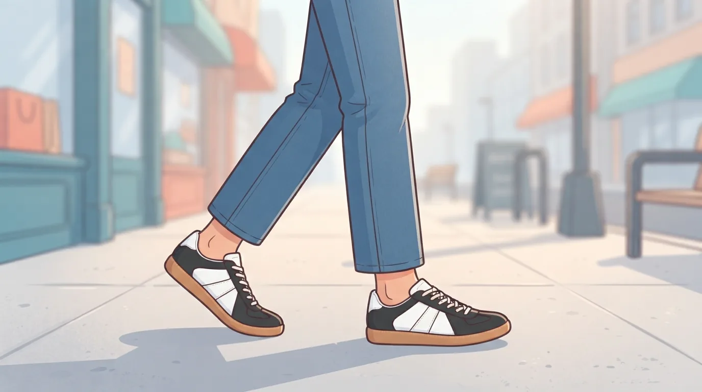 Sneakers basses en cuir portées avec un jean droit en ville