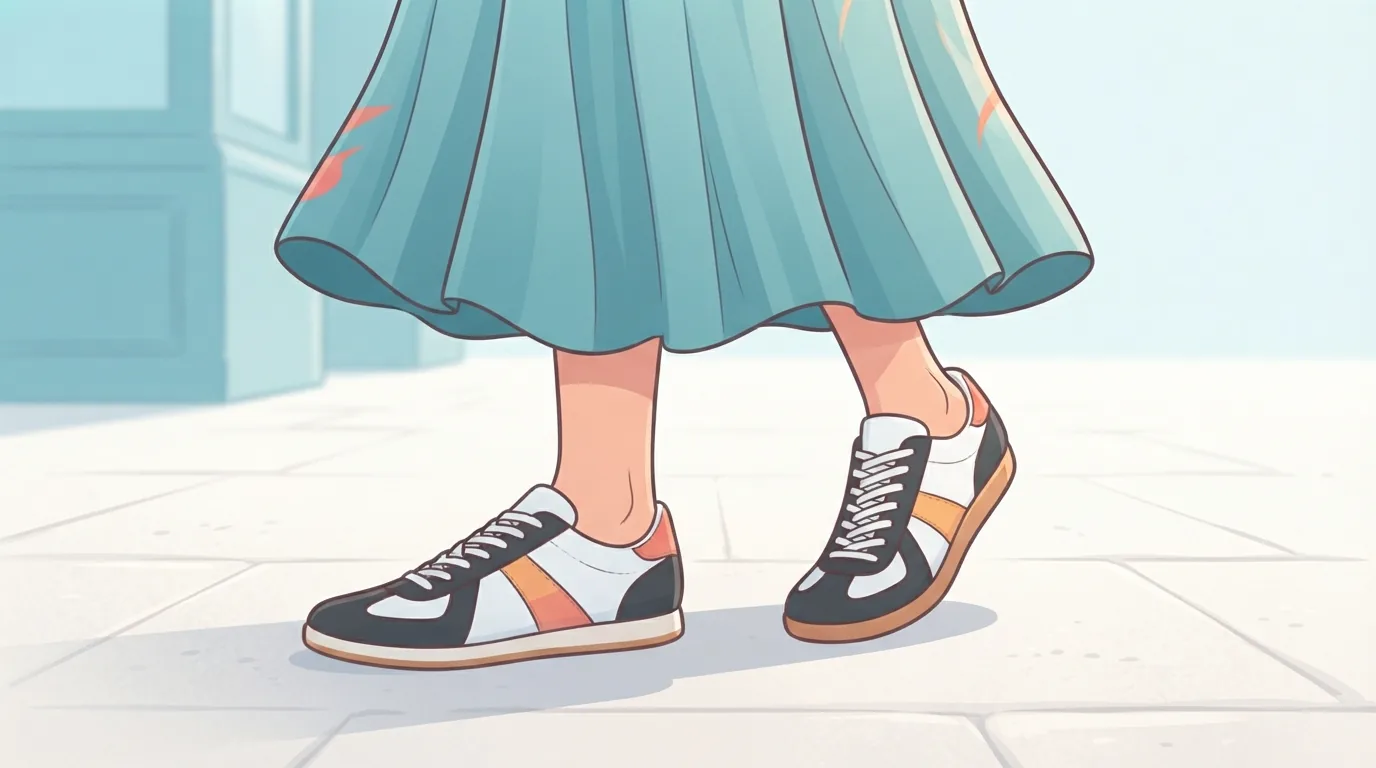 Sneakers rétro à semelle fine portées avec une jupe midi