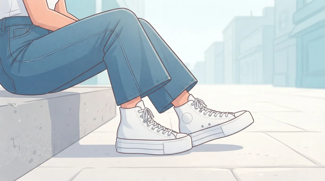 Sneakers montantes à plateforme en toile blanche avec un jean large