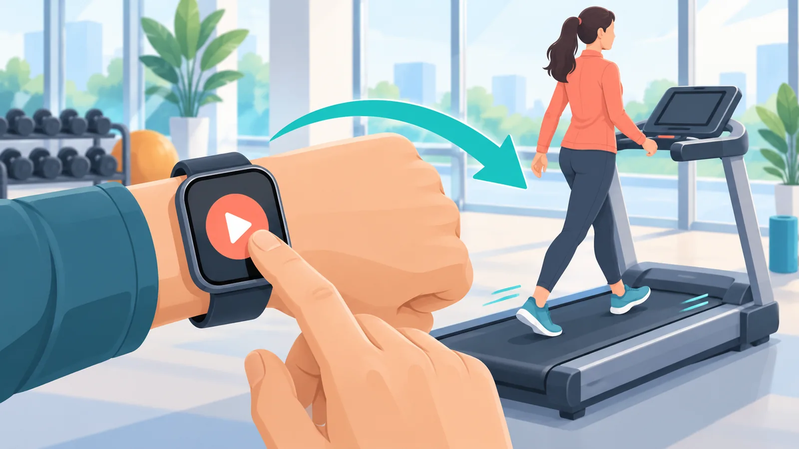 Une main lance le chronomètre d’une montre de sport près d’un tapis de course