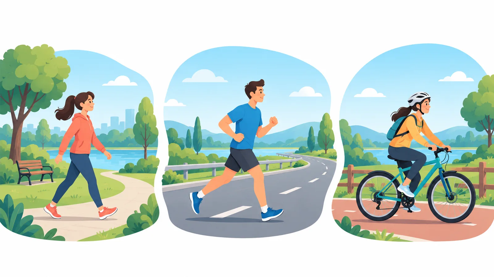 Trois scènes montrant la marche, la course et le vélo en extérieur