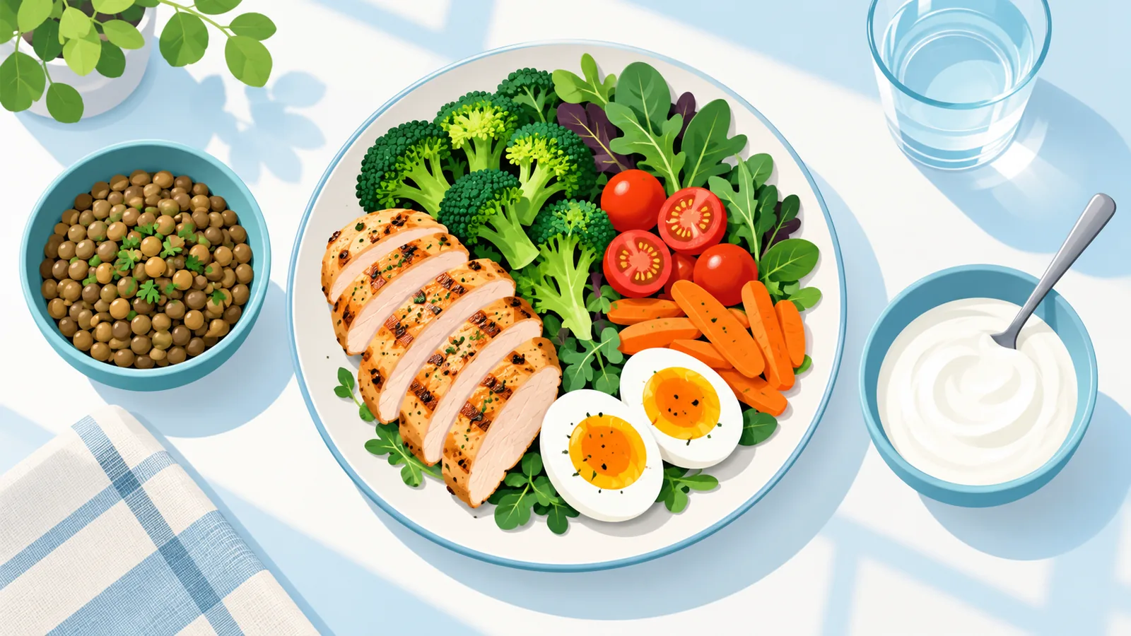 Un repas riche en protéines posé sur une table de cuisine