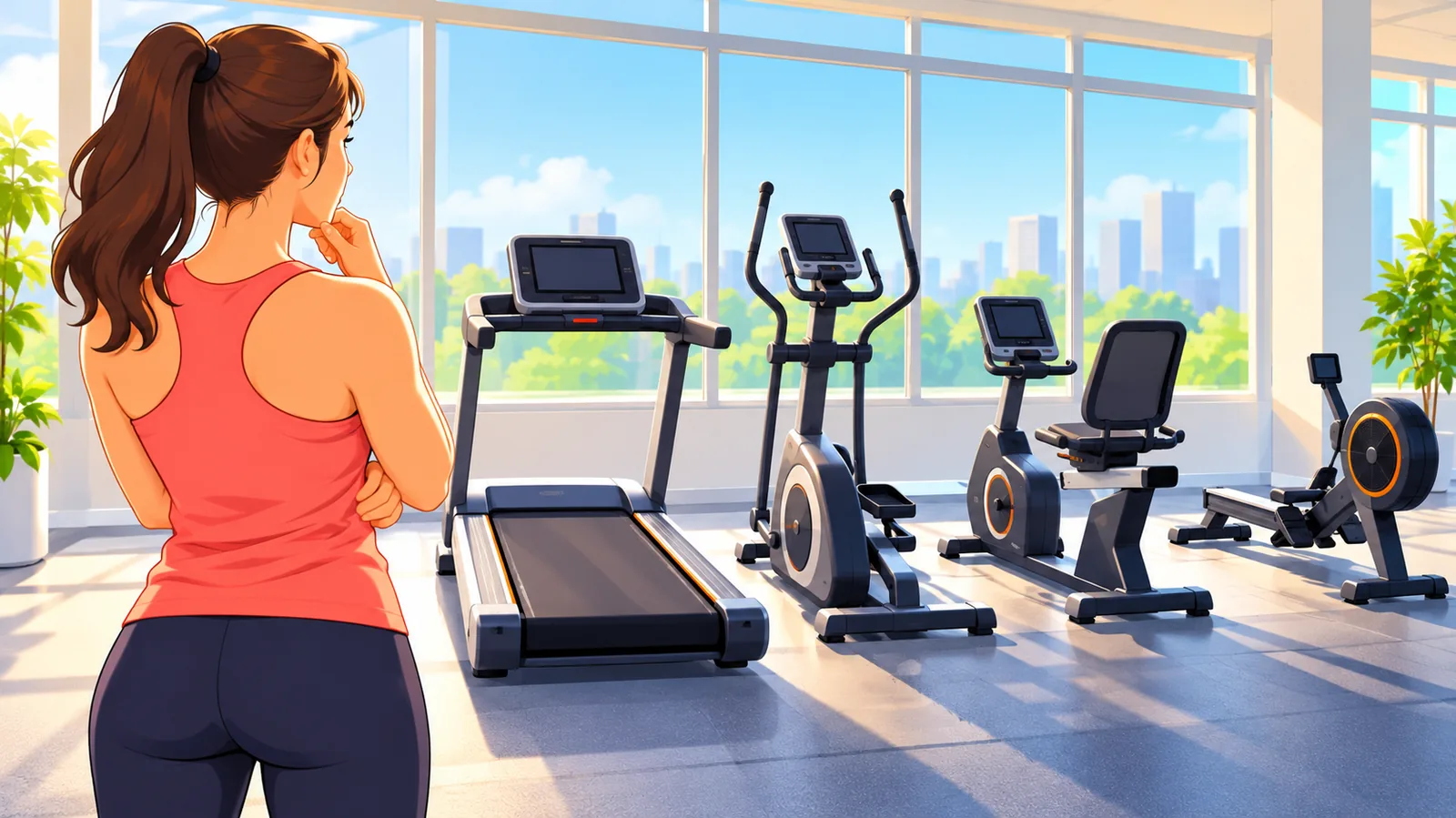 Personne devant une rangée de machines de cardio dans une salle de sport lumineuse