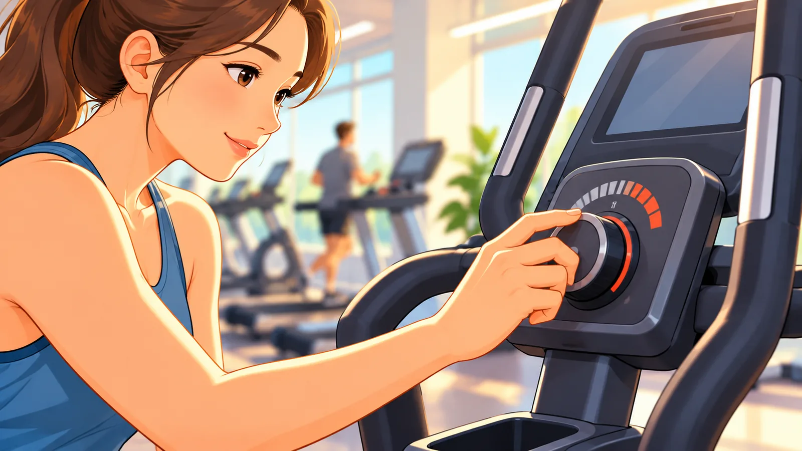 Main réglant la résistance sur la console d’une machine de cardio
