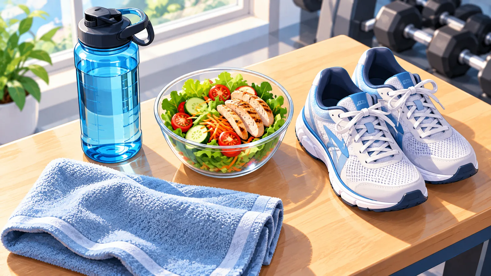 Bouteille d’eau, salade, baskets et serviette de sport sur une table