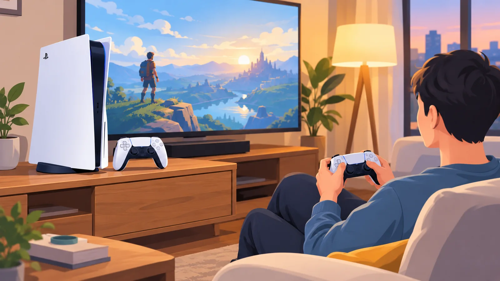 Console PS5 et manette DualSense dans un salon
