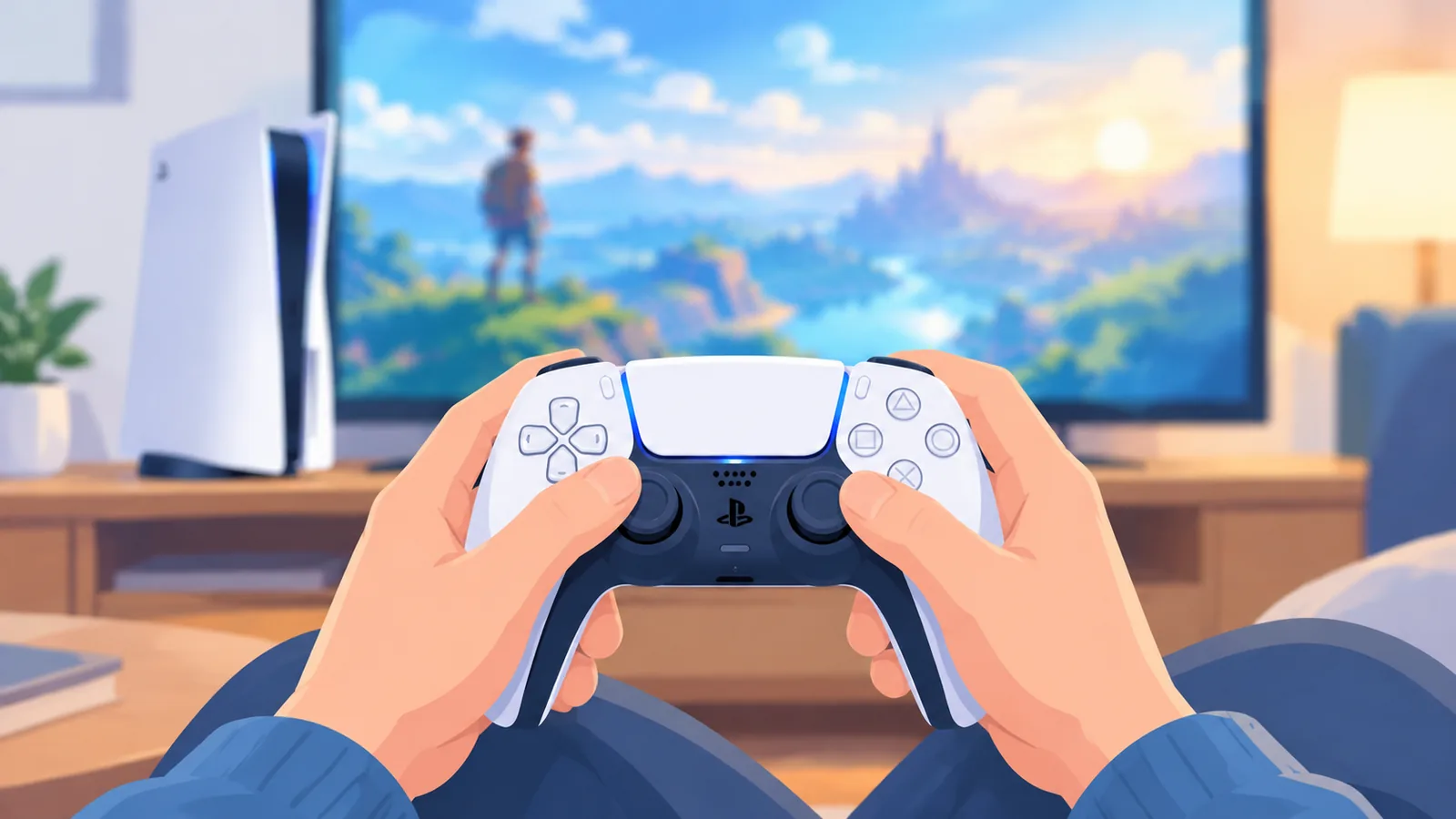 Joueur tenant une manette DualSense
