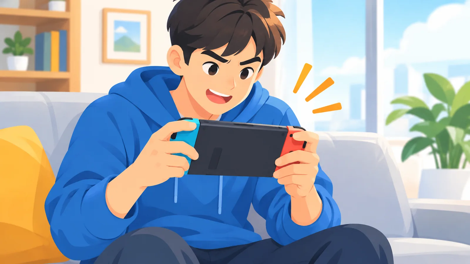 Console portable tenue à deux mains dans un salon lumineux