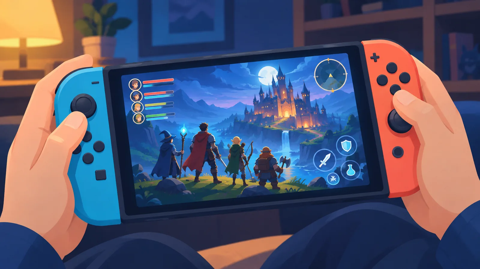 Scène d'aventure fantastique sur l'écran d'une console portable