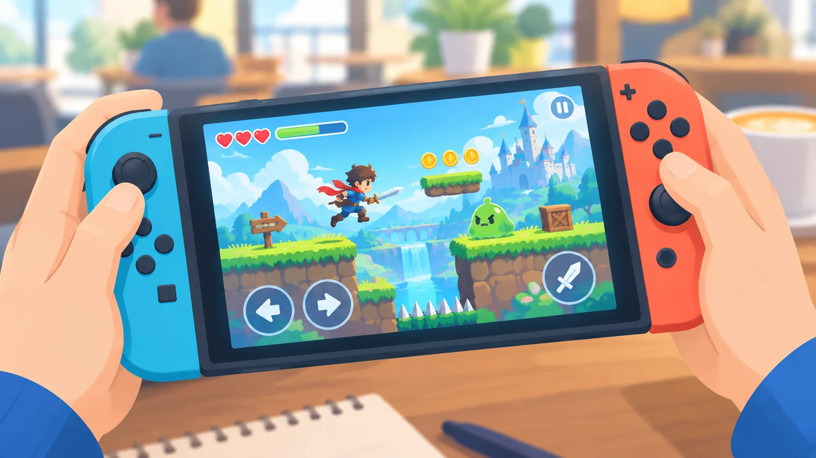 Jeu de plateforme en 2D affiché sur une console portable