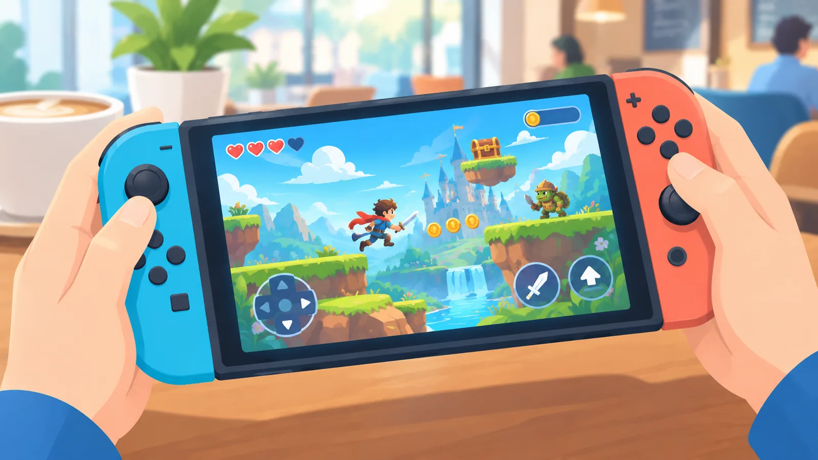 Jeu indépendant coloré sur une console portable posée sur une table