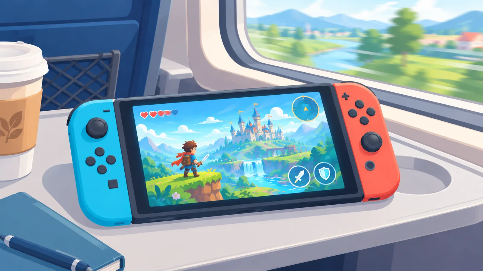 Console portable posée sur une tablette dans un train