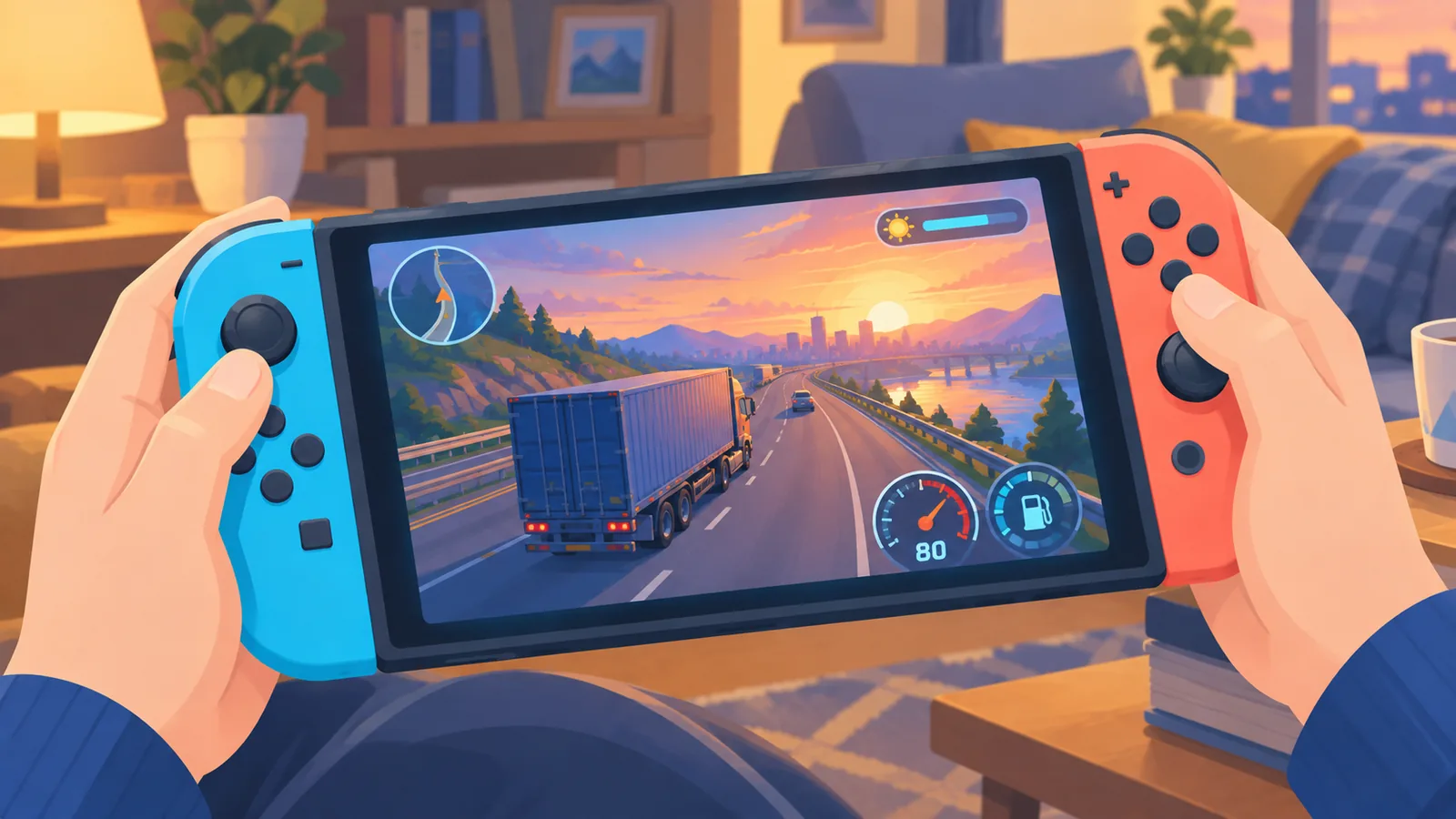 Camion sur une route au crépuscule affiché sur une console portable