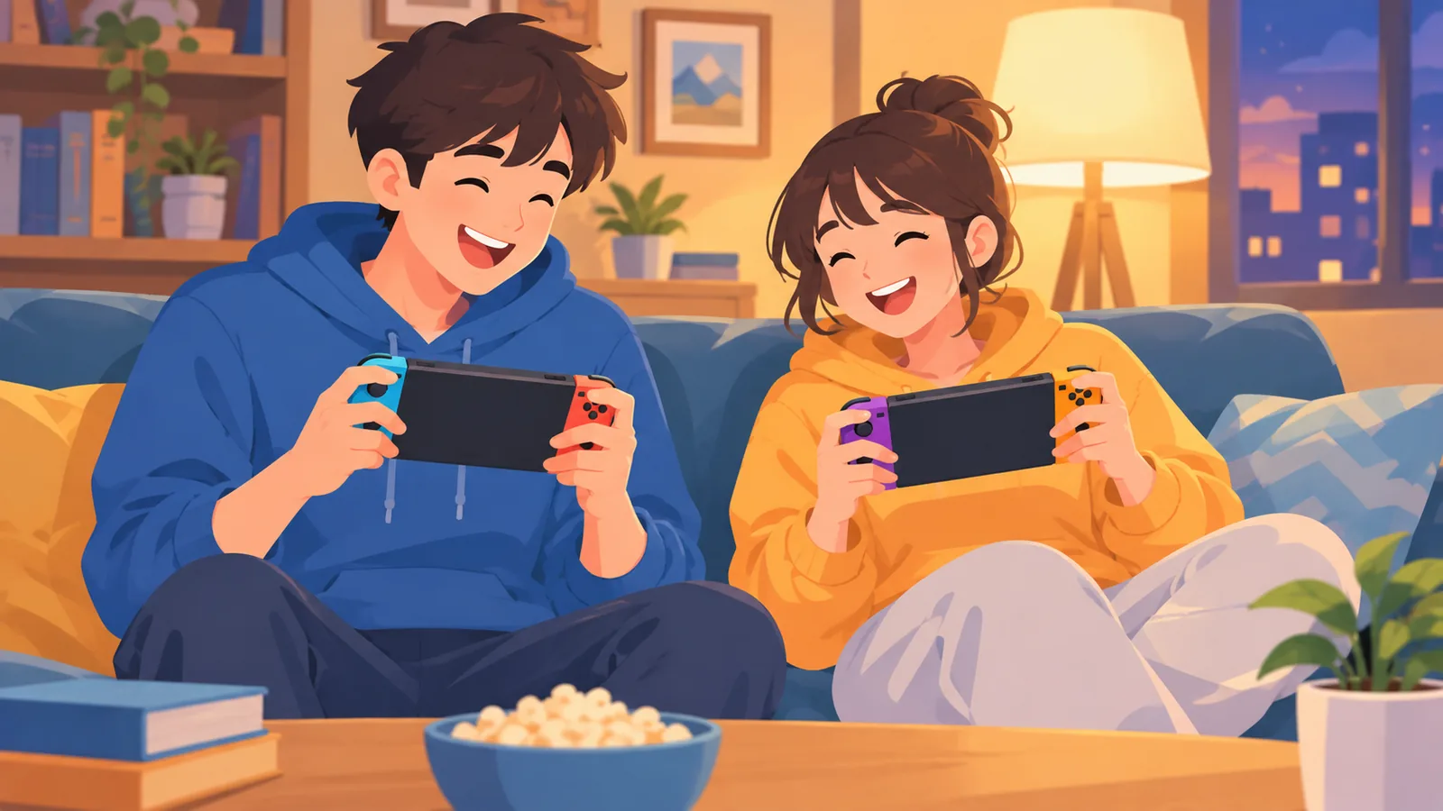 Deux amis jouant sur des consoles portables côte à côte