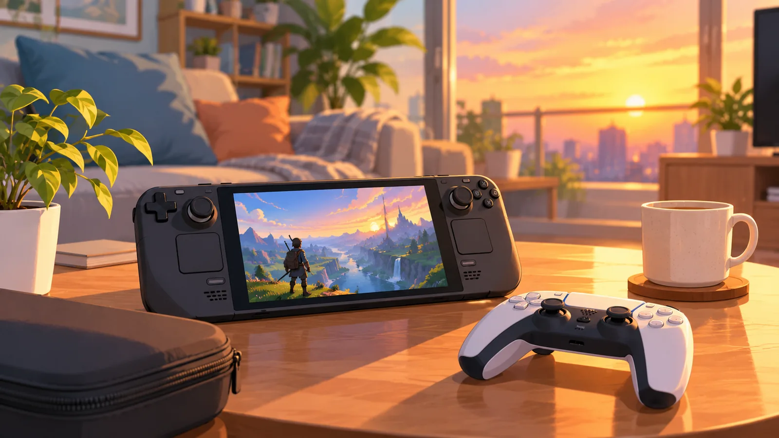 Console portable posée sur une table avec une manette