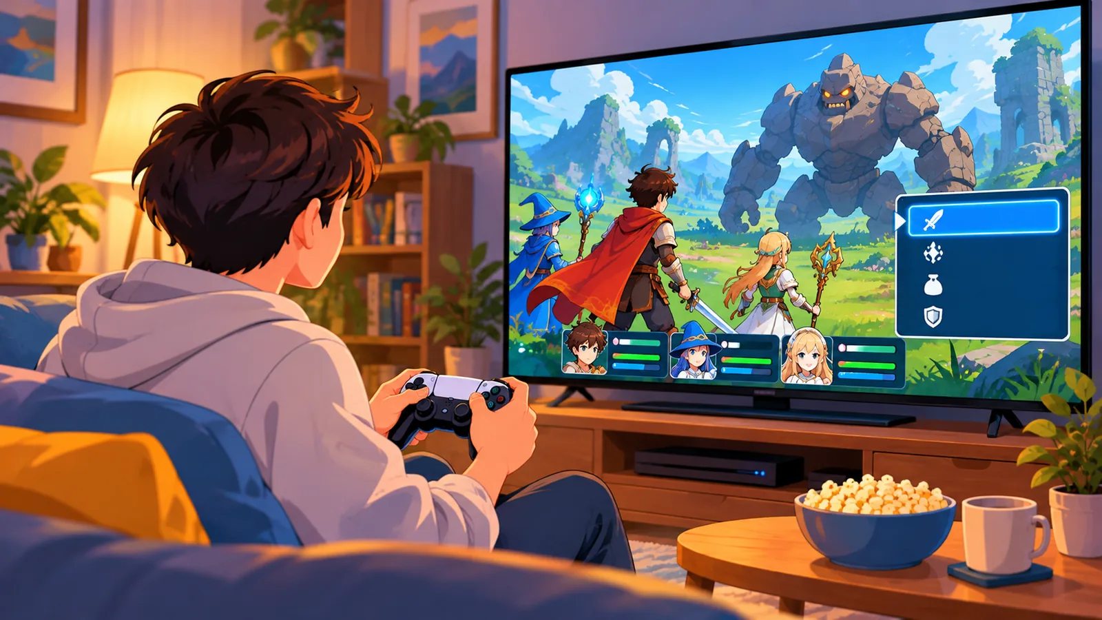 Joueur devant un combat de jeu de rôle au tour par tour