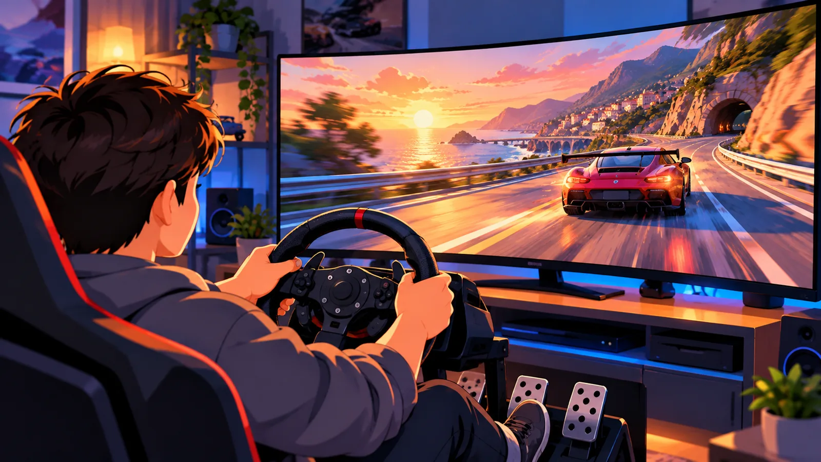 Volant de jeu devant un écran large montrant une course de voitures