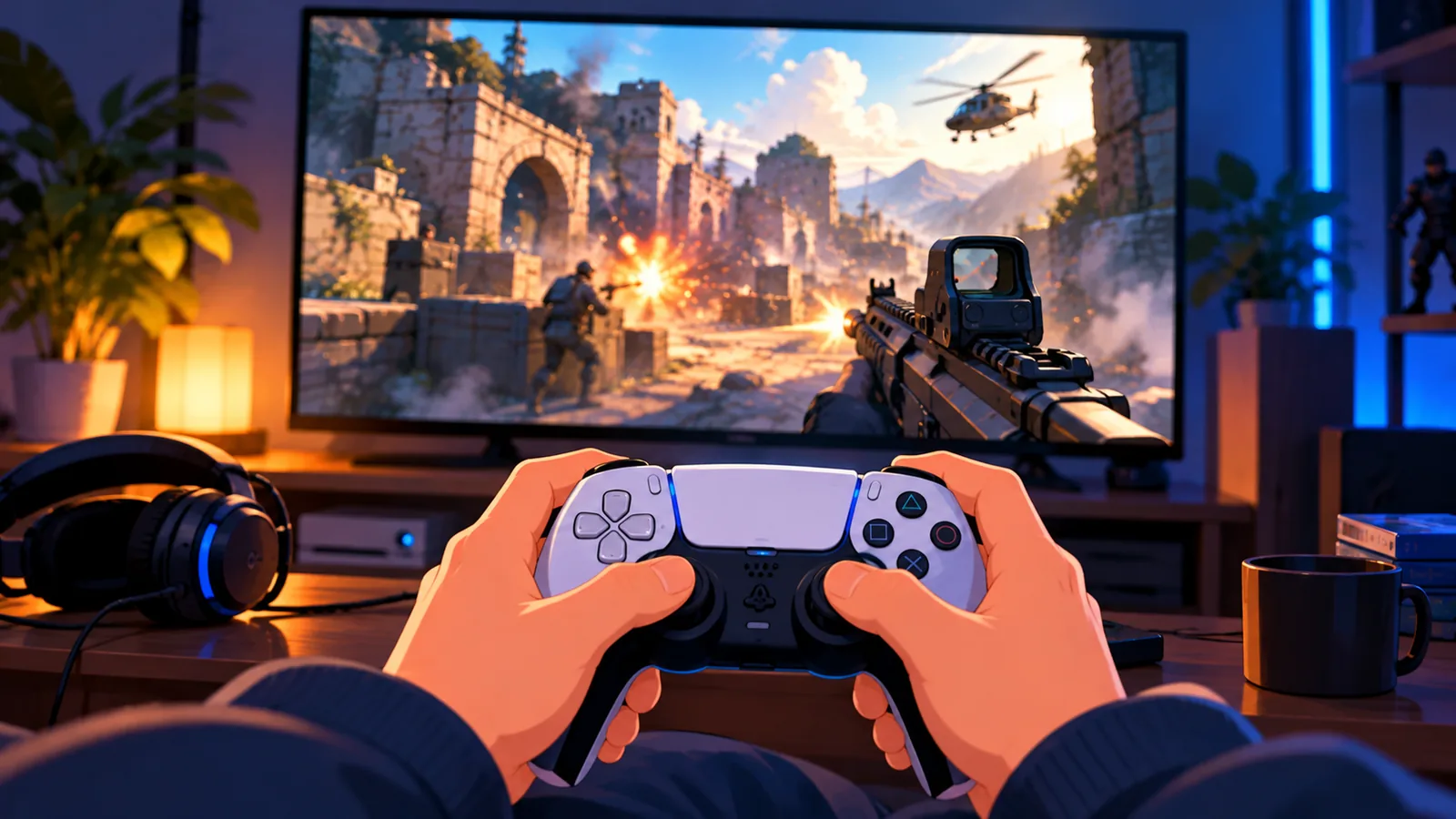 Mains sur une manette pendant une partie de tir à la première personne
