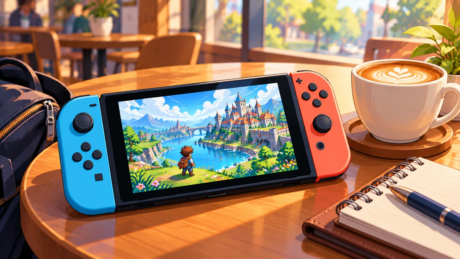 Console portable sur une table de café à côté d’une tasse