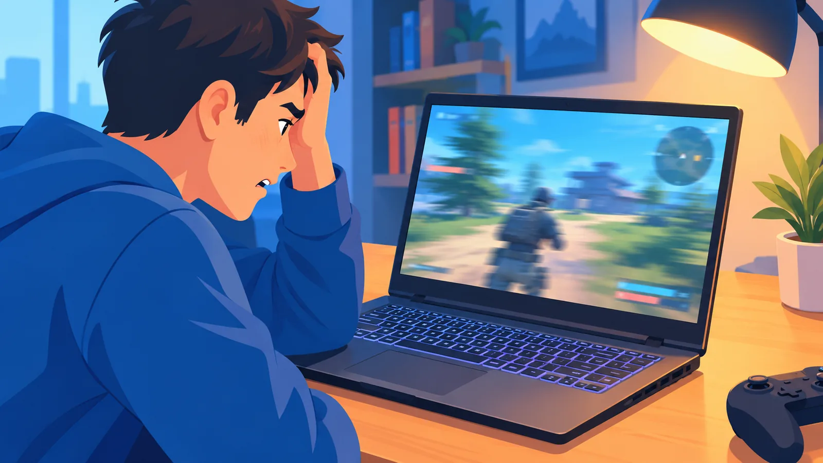 PC portable gamer dont le jeu saccade sur un bureau