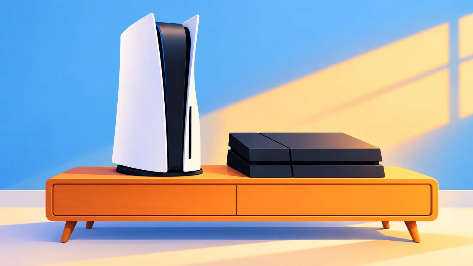 Une PS5 et une PS4 côte à côte dans un salon
