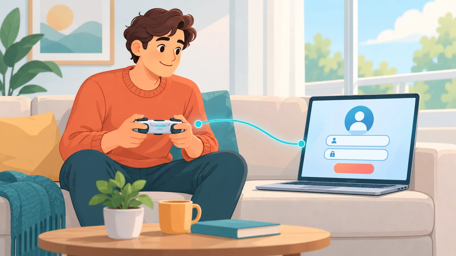 Un joueur sur son canapé avec une manette et un ordinateur portable