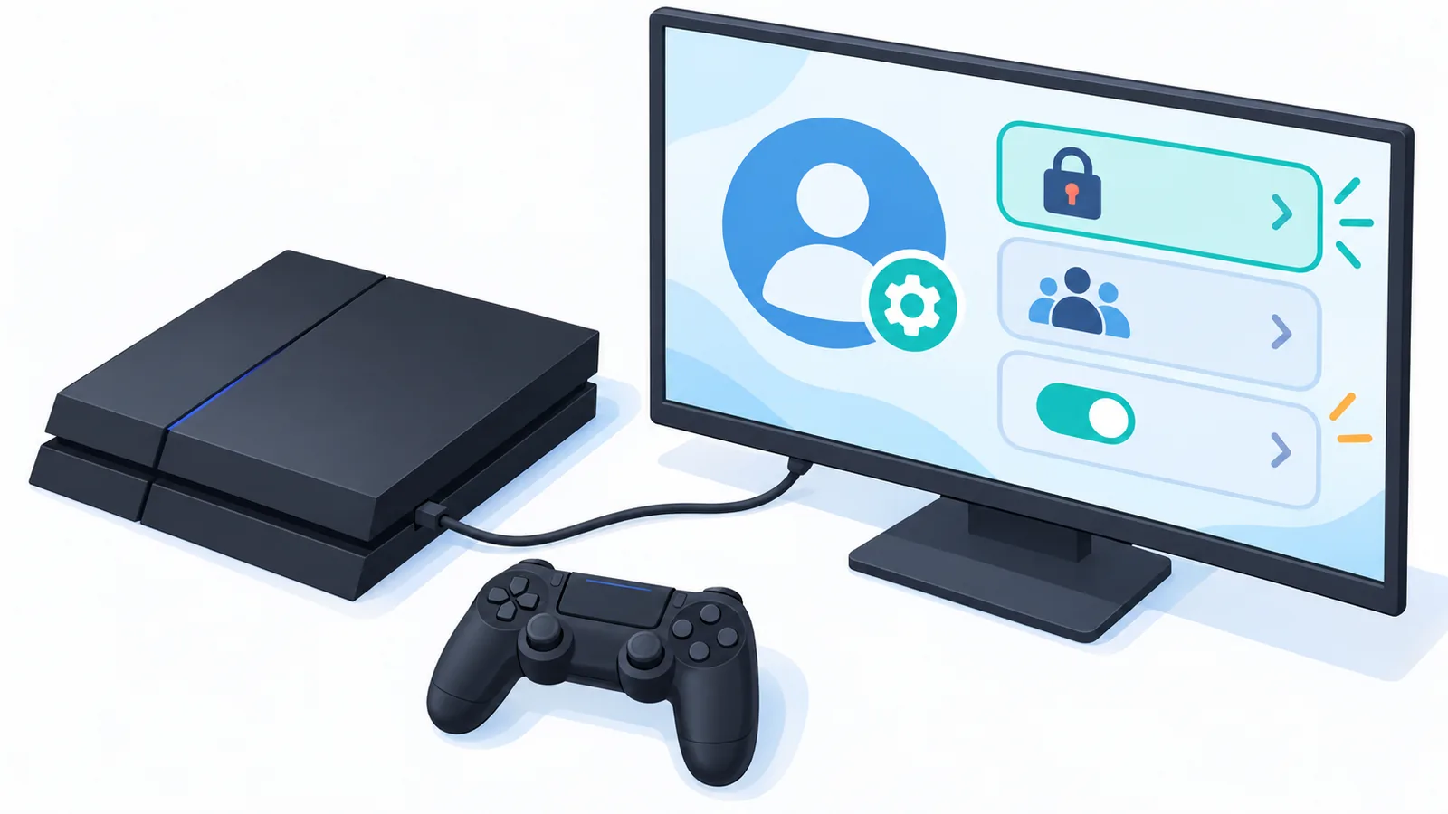 Une PS4 connectée à un écran affichant la gestion du compte