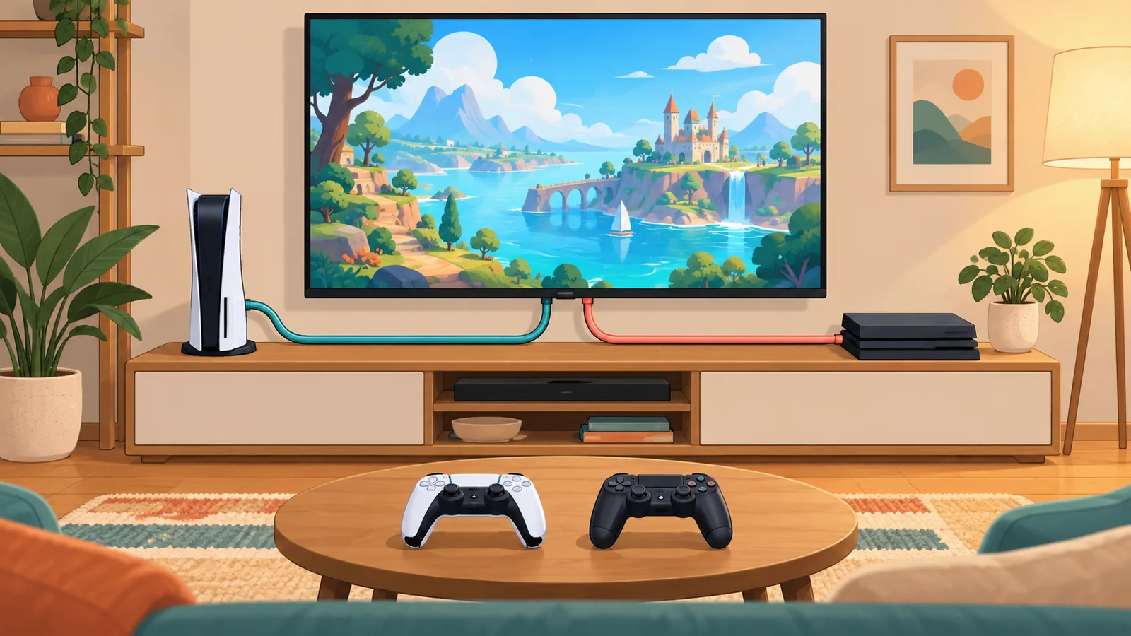 Deux générations de consoles dans un salon familial