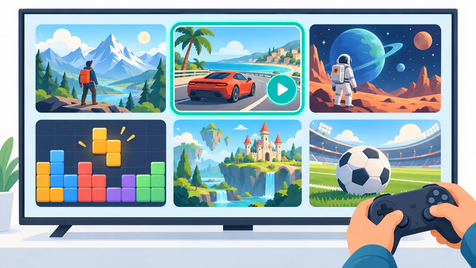 Bibliothèque de jeux affichée sur un téléviseur