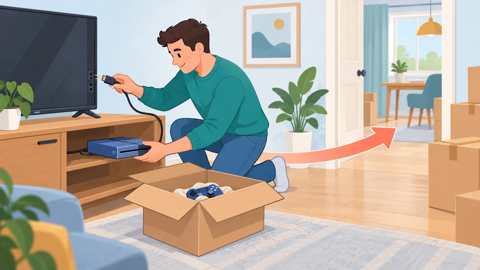Une personne débranchant une console pour la déplacer