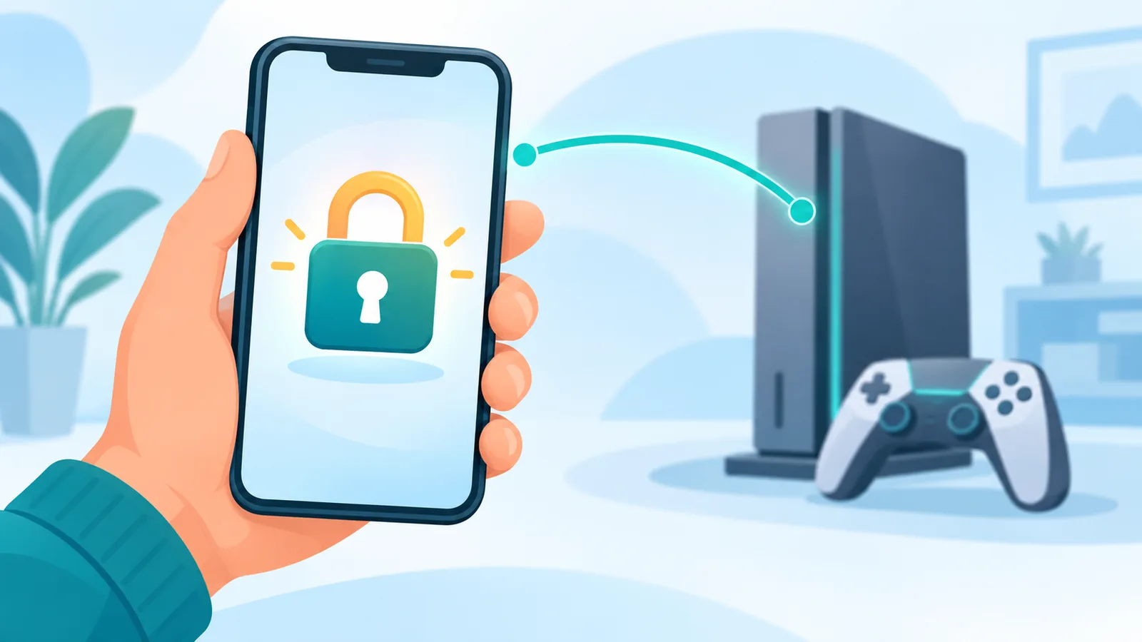 Smartphone affichant un cadenas devant une console floue