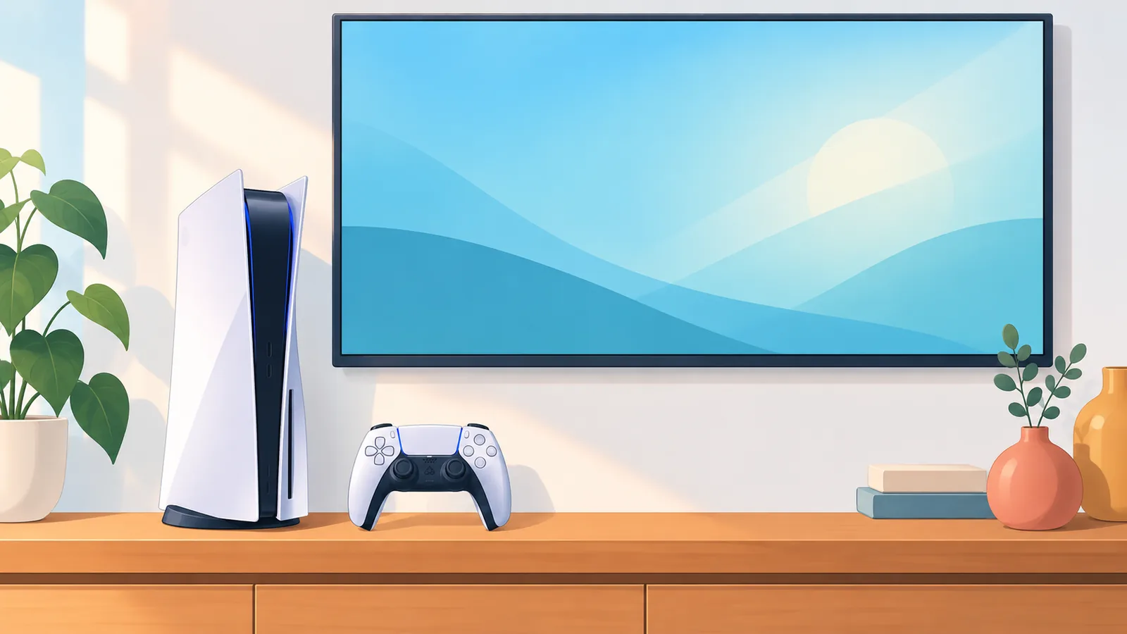 Une PS5 et sa manette rangées sous un téléviseur