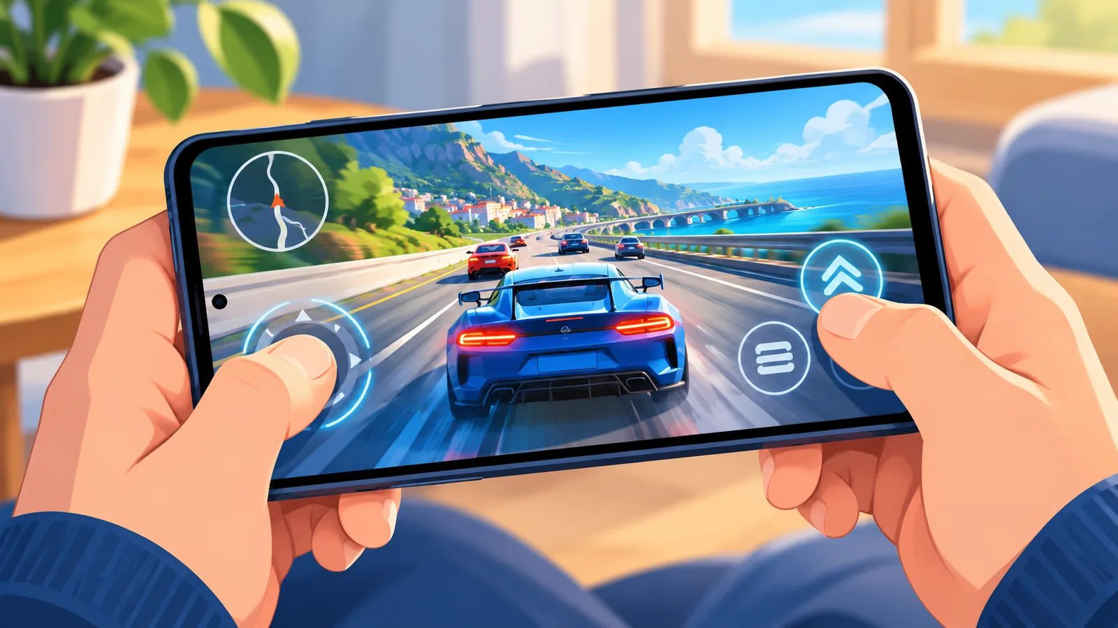 Une personne joue à un jeu en streaming sur son iPhone tenu à l'horizontale