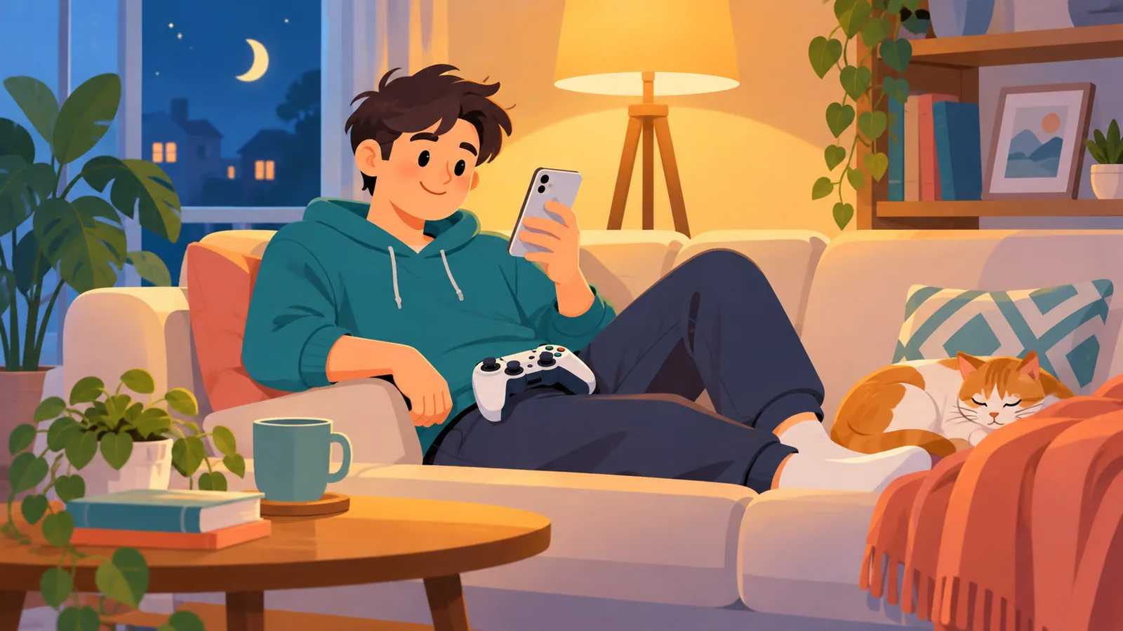 Joueur détendu sur un canapé avec son iPhone et sa manette