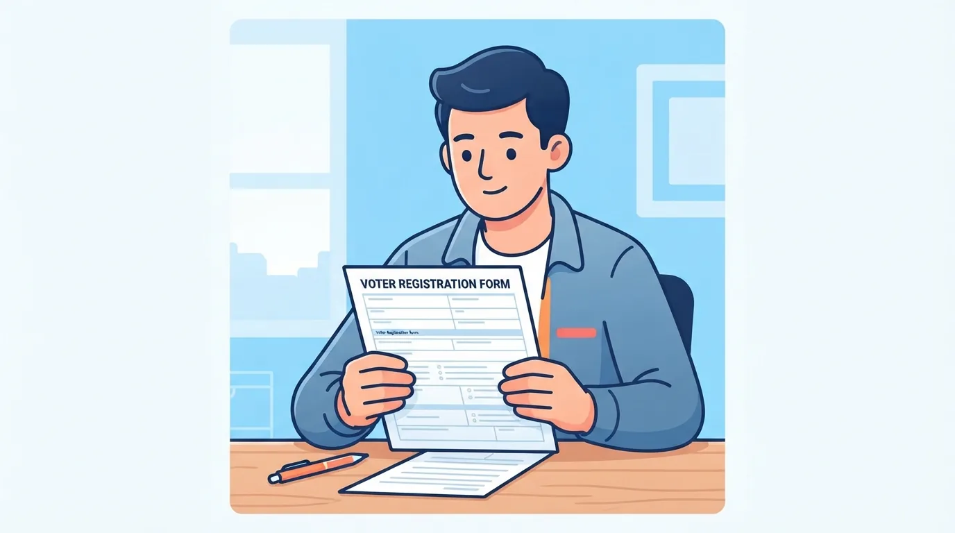 Un jeune adulte tenant un formulaire d’inscription électorale à son bureau